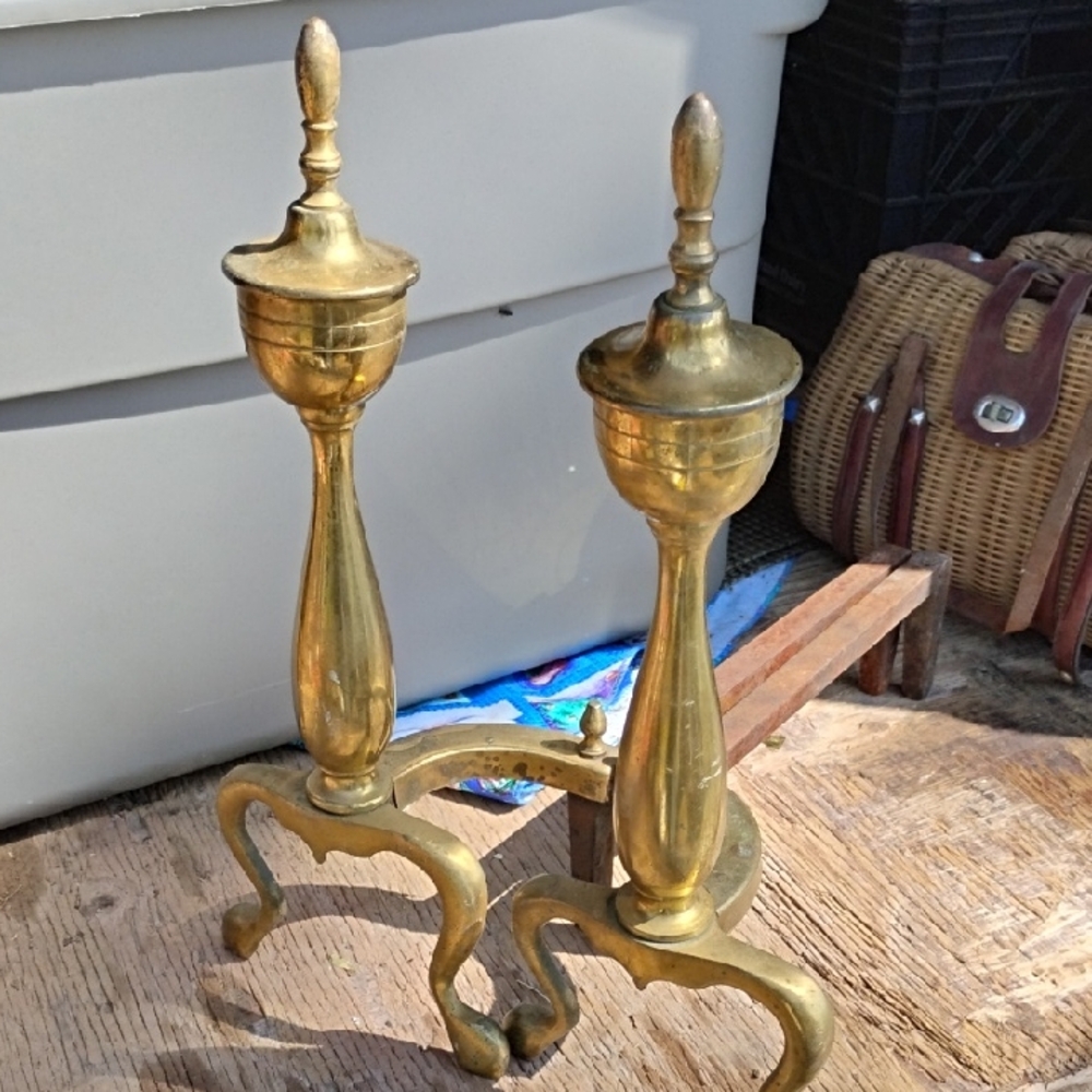 Brass Andirons Pair - Gold Fireplace Set